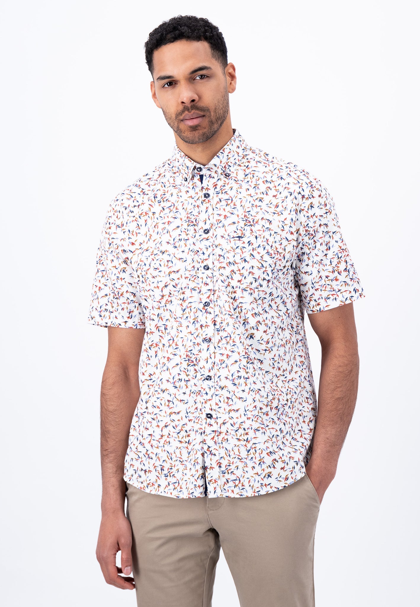 Fynch Hatton Tree Print, Button Down Short Sleeve Shirt (orient red)