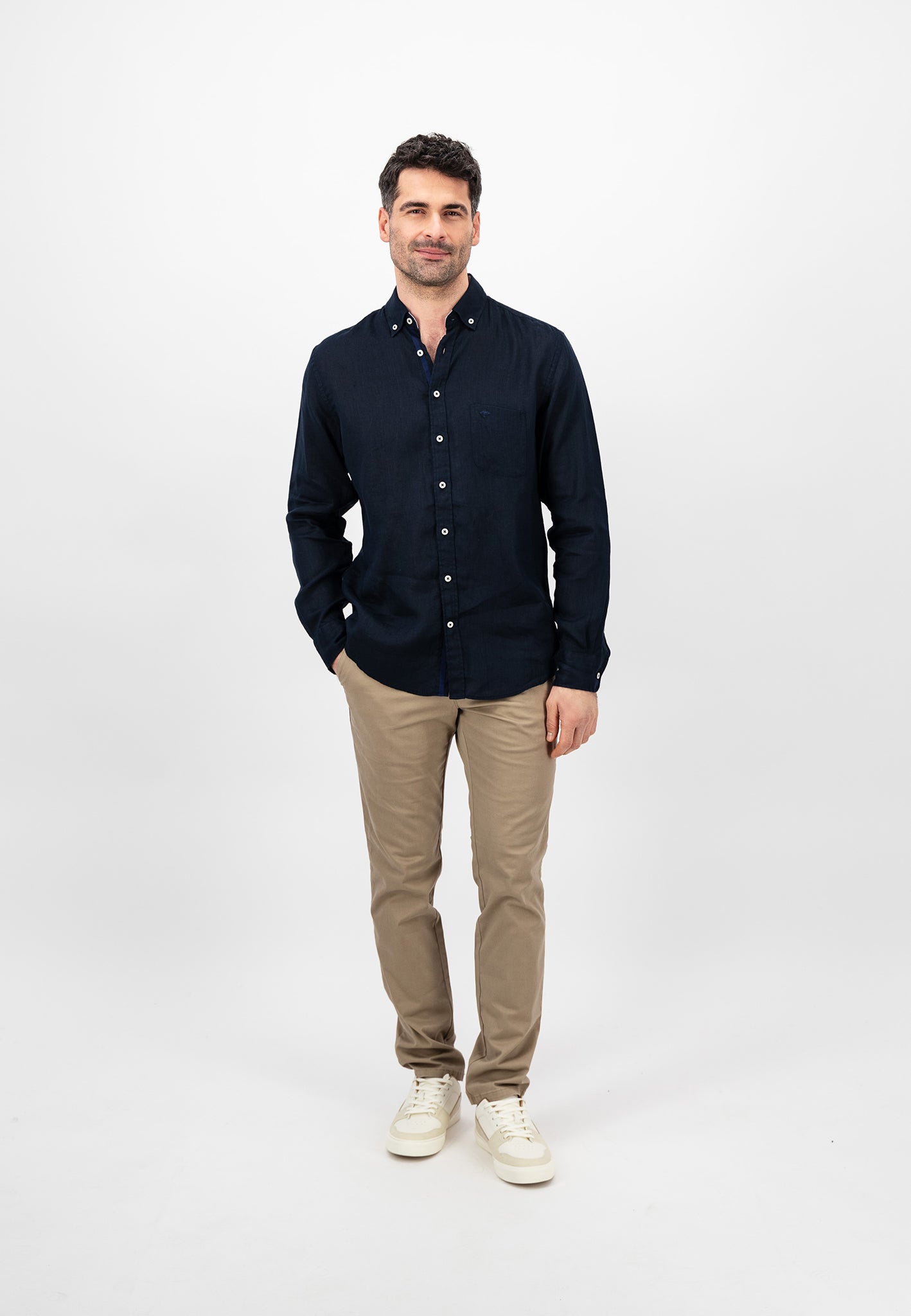 Fynch Hatton Pure Linen, Button Down Long Sleeve Shirt (navy)