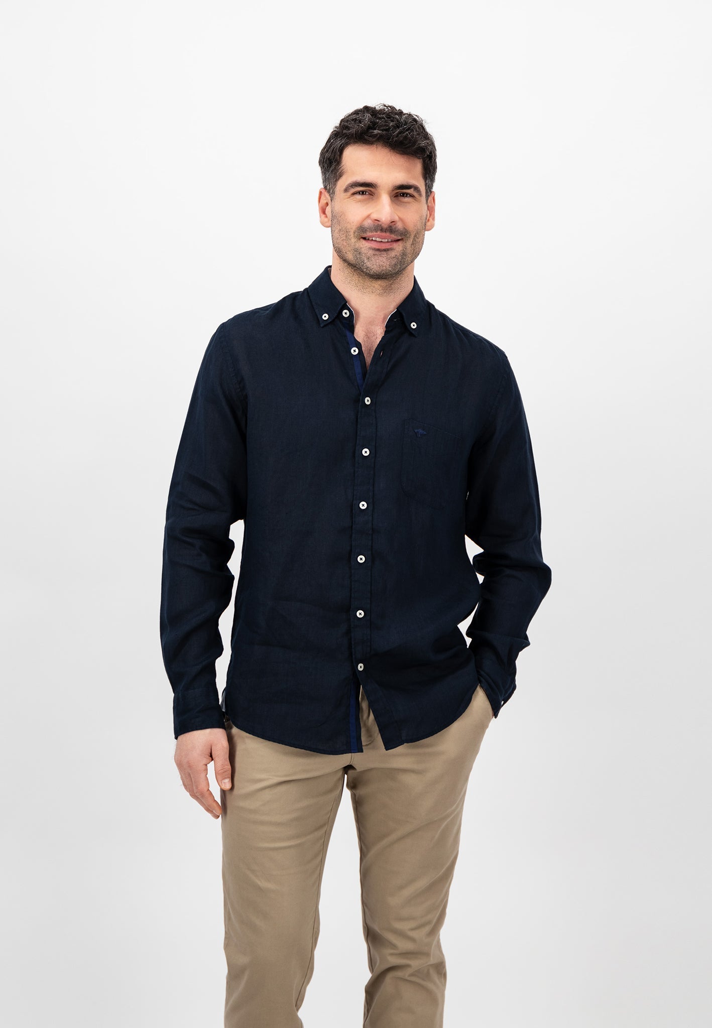 Fynch Hatton Pure Linen, Button Down Long Sleeve Shirt (navy)