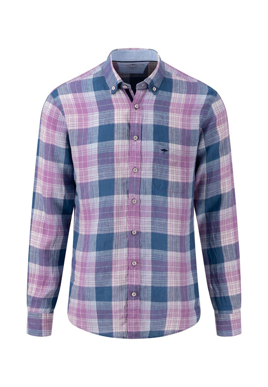 Fynch Hatton Pure Linen Checks, Button Down Long Sleeve Shirt (dusty lavender)