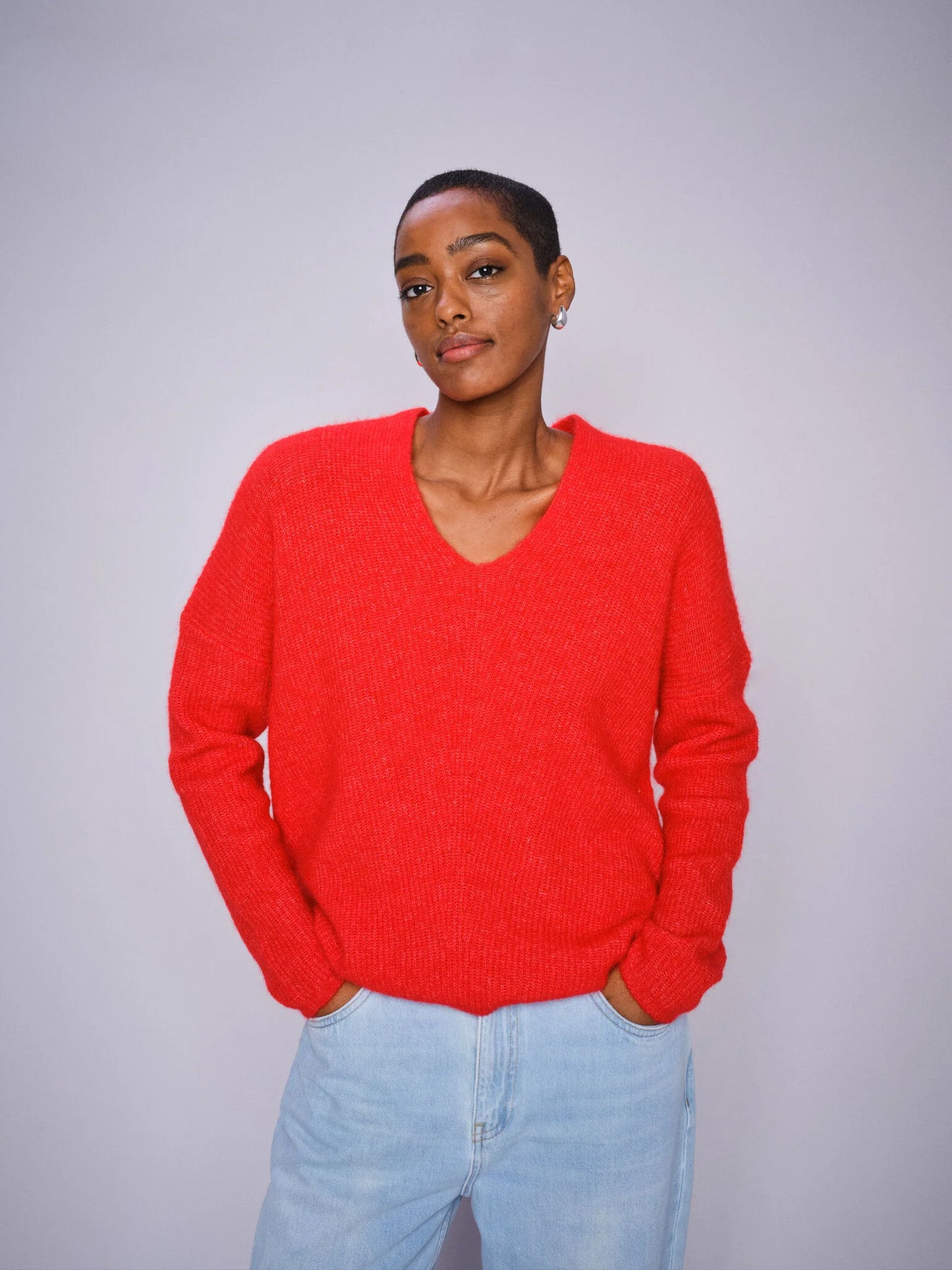 Mos Mosh Ladies, the MMThora V-Neck Knit in 268 Chinese Red