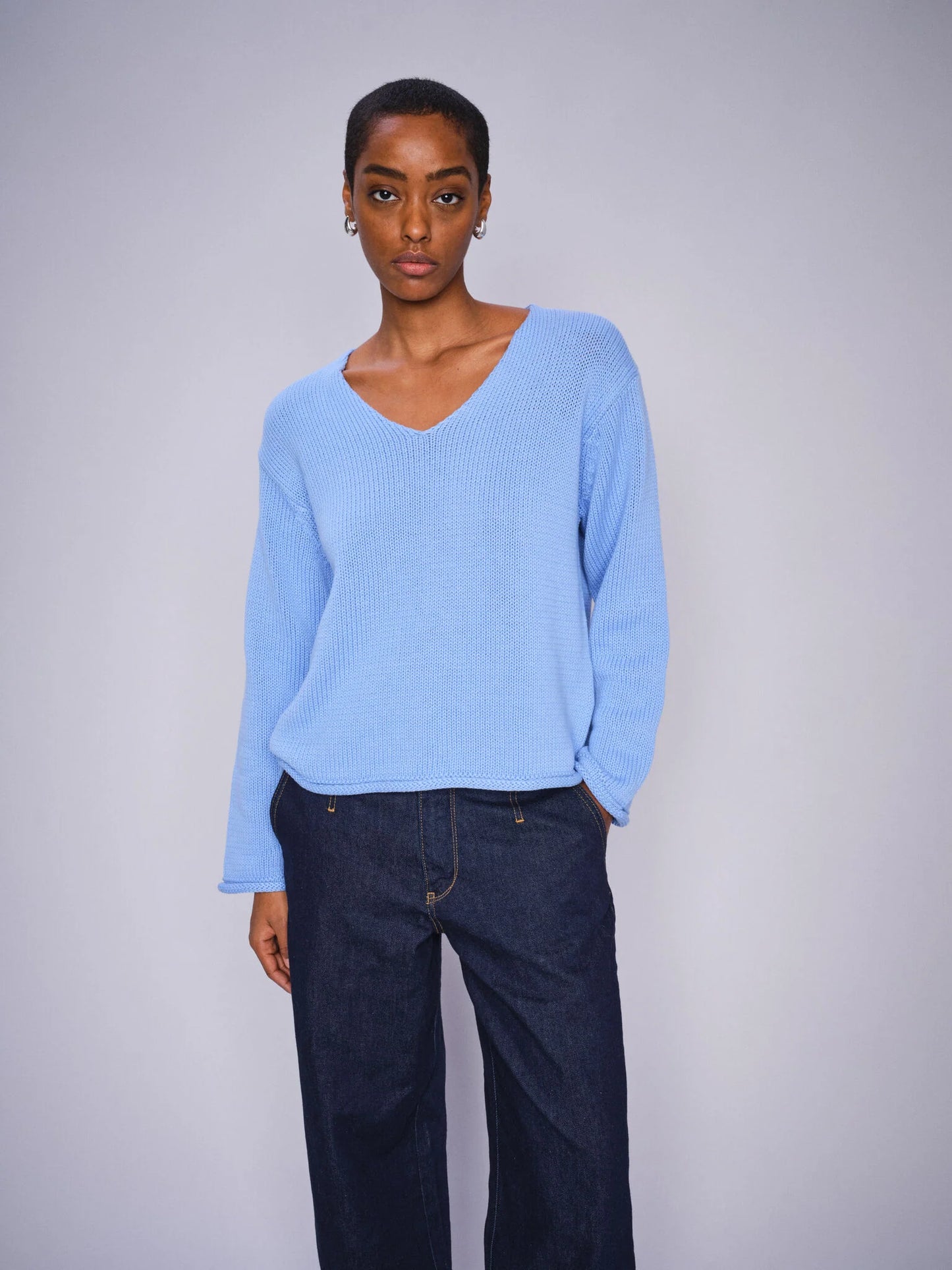 Mos Mosh Ladies,  the MMBine LS V-neck Knit in 827 Hydrangea 1