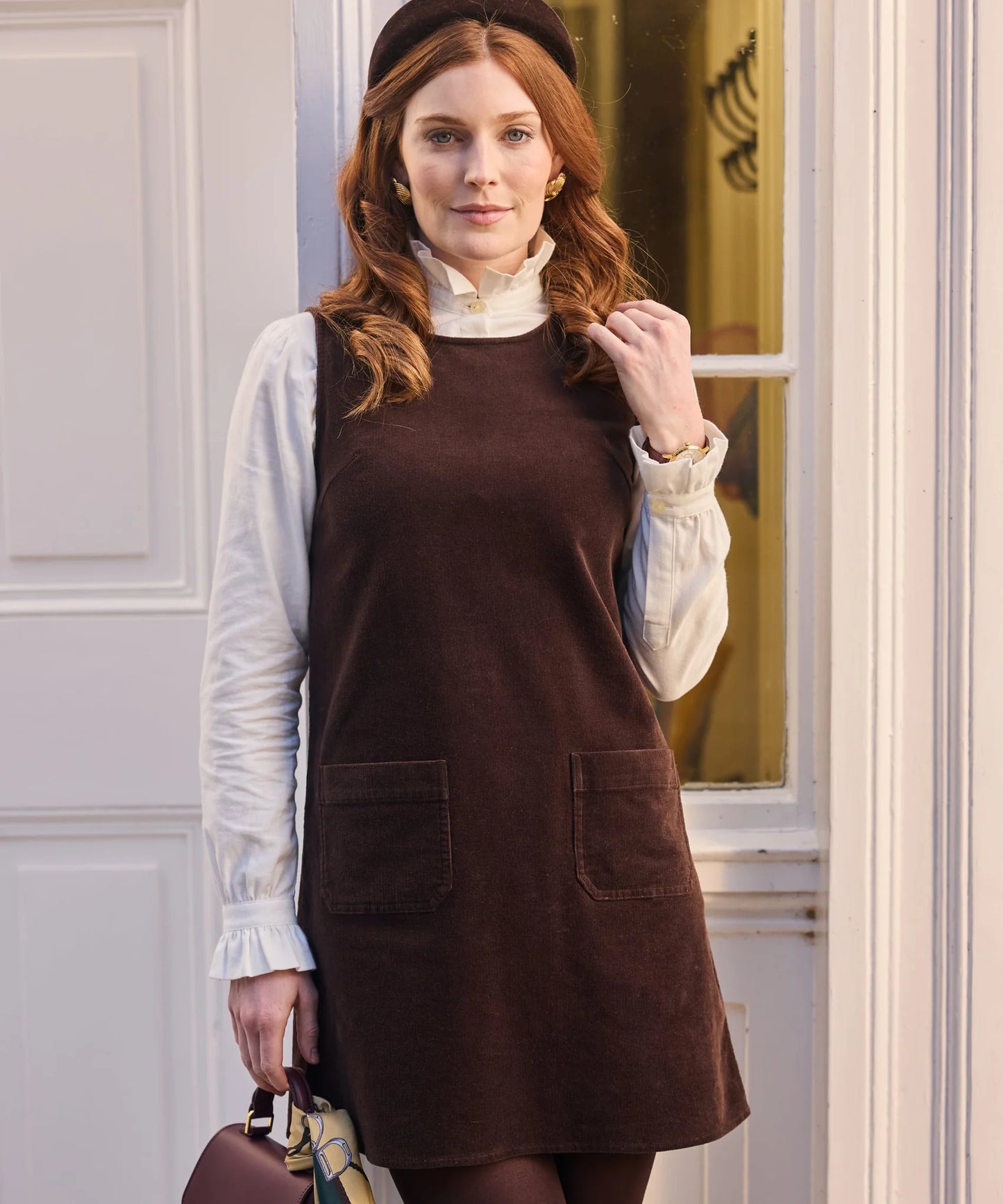 Schoffel Ladies Countrywear, the Sage Cord Pinafore Dress in Chocolate