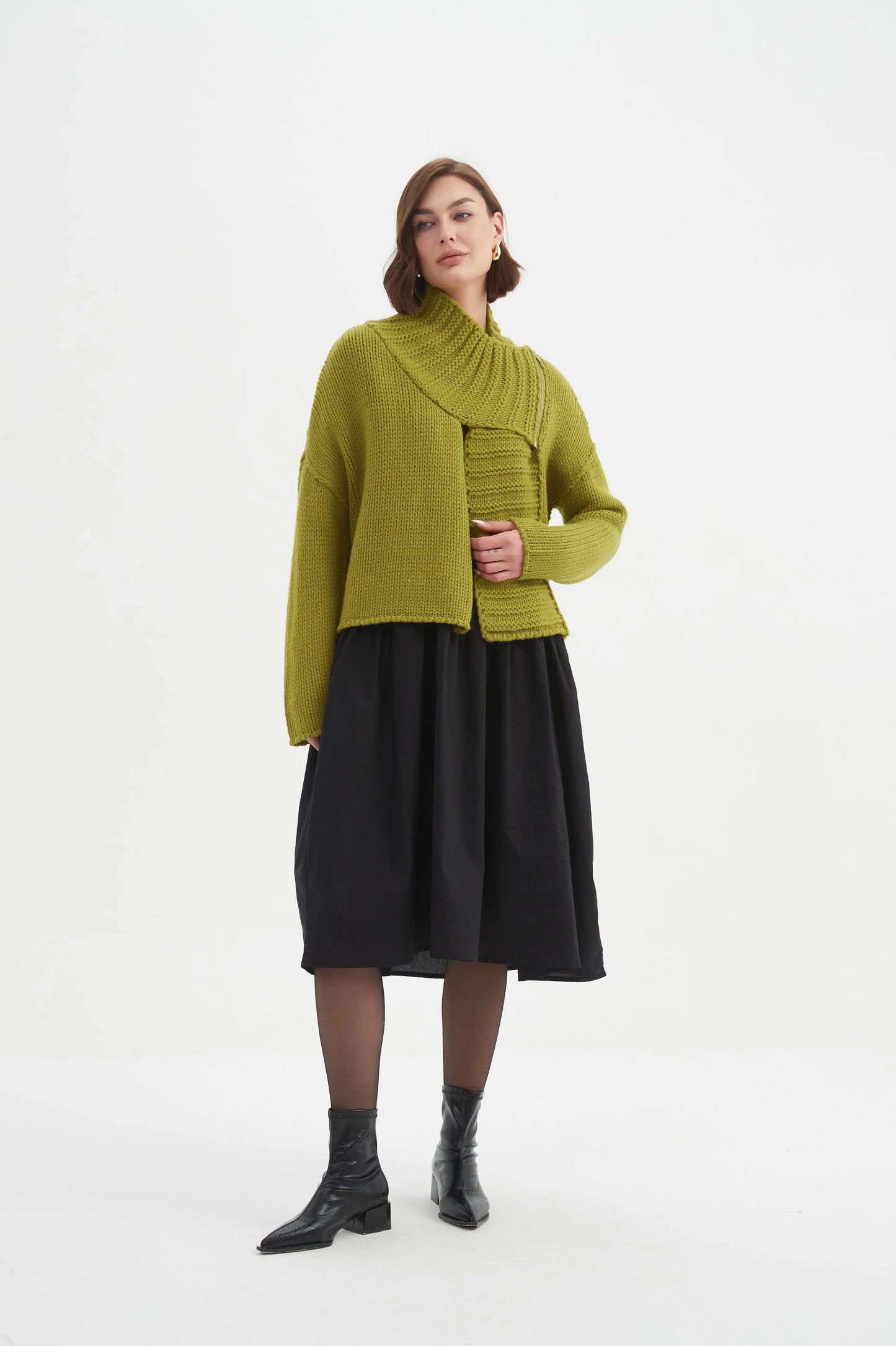 Tirelli Zip Collar Cardigan in Chartreuse