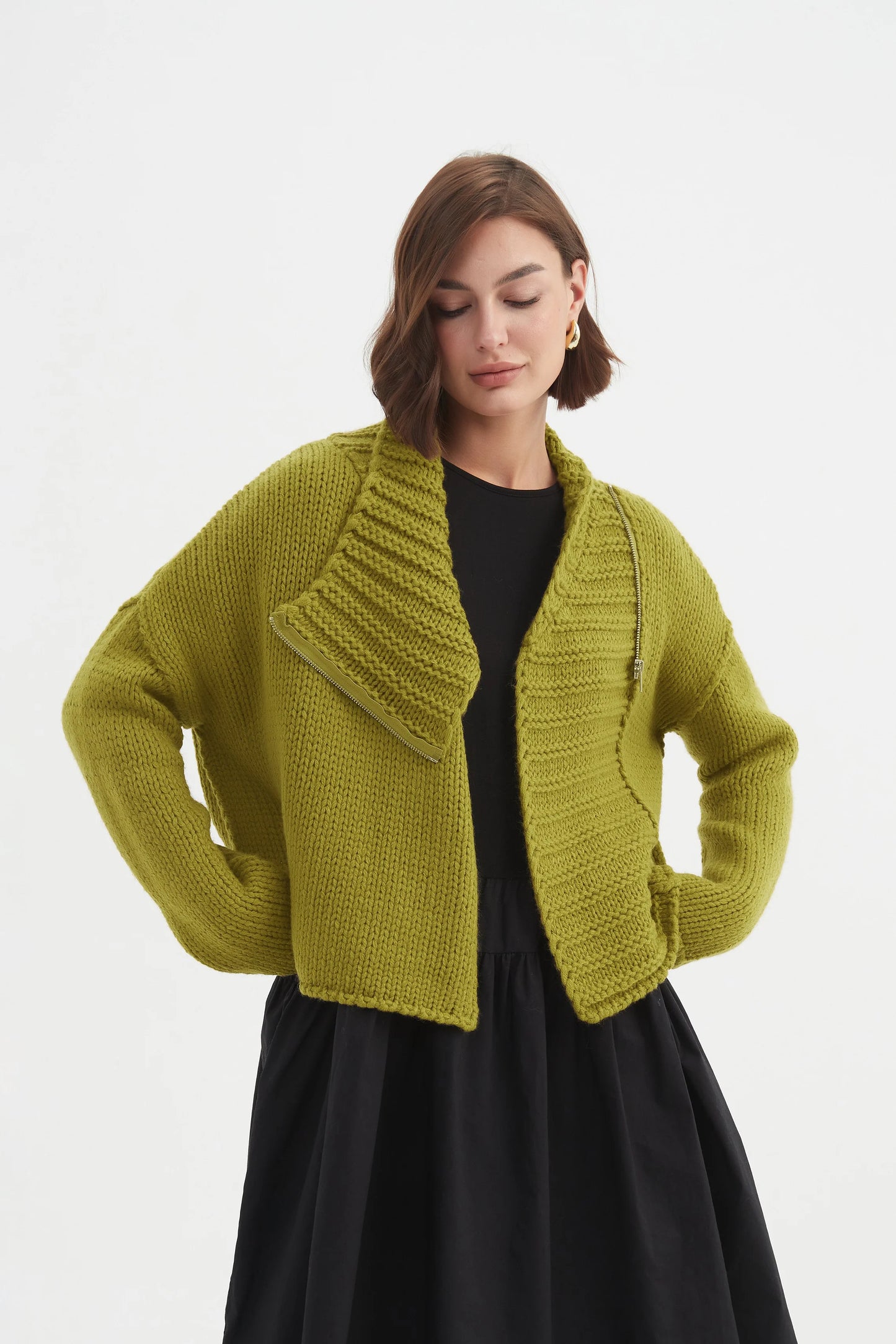 Tirelli Zip Collar Cardigan in Chartreuse