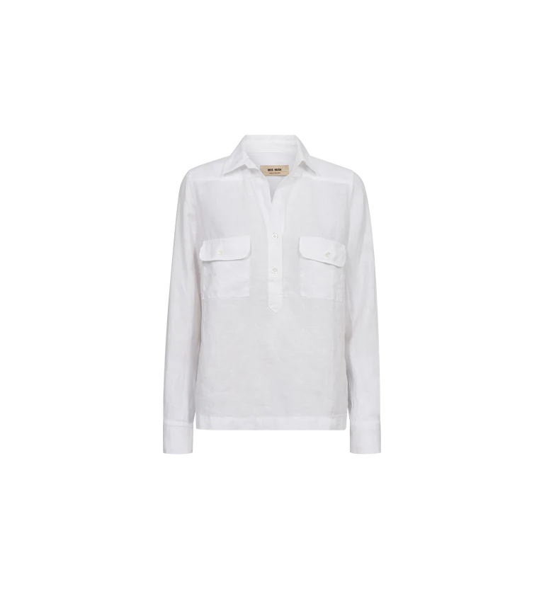 Mos Mosh Ladies, the MMEnna Linen Pocket Blouse in 101 White