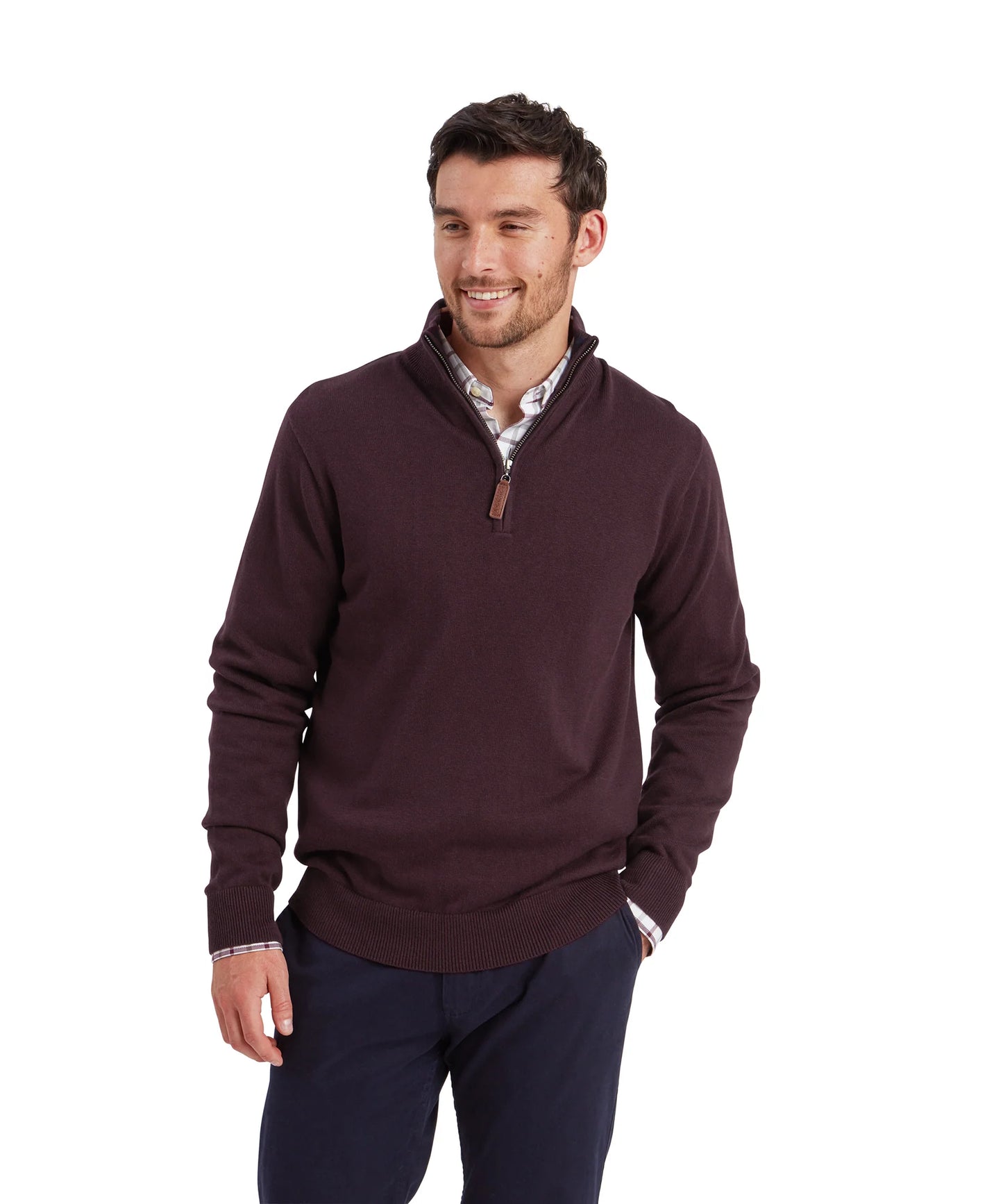 Schoffel Mens Countrywear, the Calton Cotton Cashmere 1/4 Zip Jumper in Wine