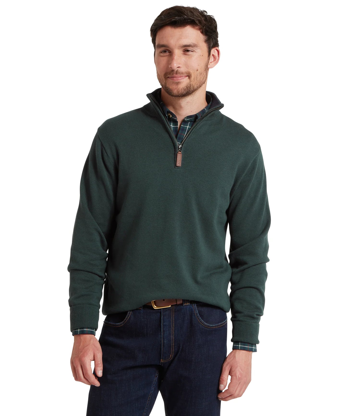 Schoffel Mens Countrywear, the Calton Cotton Cashmere 1/4 Zip Jumper in Botanical Green