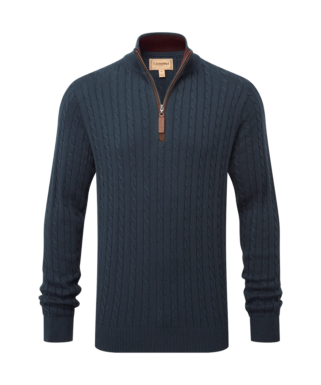 Schoffel, Calton Cotton Cashmere Cable 1/4 Zip Jumper - (Petrol Blue)
