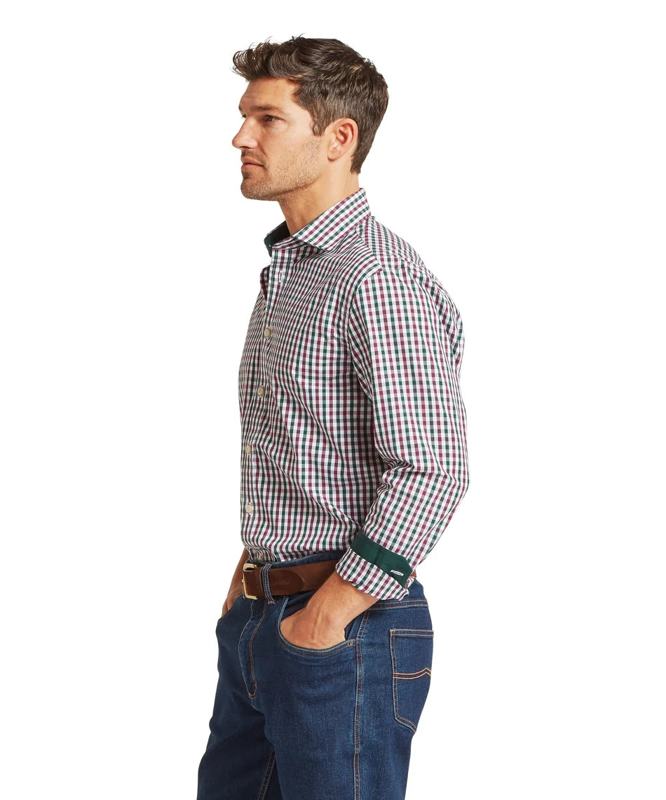 Schöffel, the Hebden Tailored Shirt in Deep Pine/Burgundy