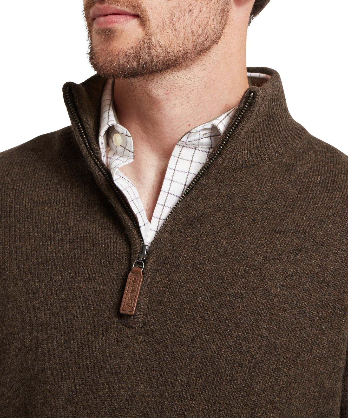 Schoffel Mens Countrywear, the Lewis Lambswool 1/4 Zip Jumper in Chocolate