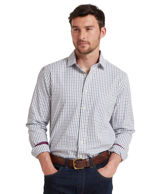 Schoffel Mens Countrywear, the Milton Tailored Shirt in Plum/Botanical Green