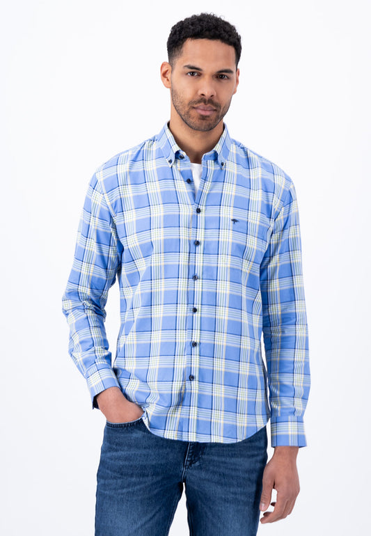 Fynch Hatton Structure Check, Button Down Long Sleeve Shirt (crystal blue)