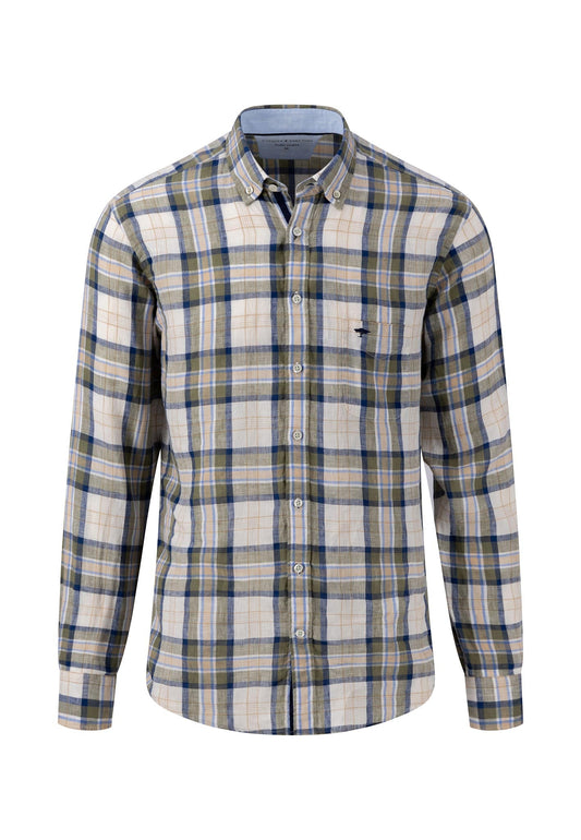 Fynch Hatton Pure Linen Checks, Button Down Long Sleeve Shirt (dusty olive)