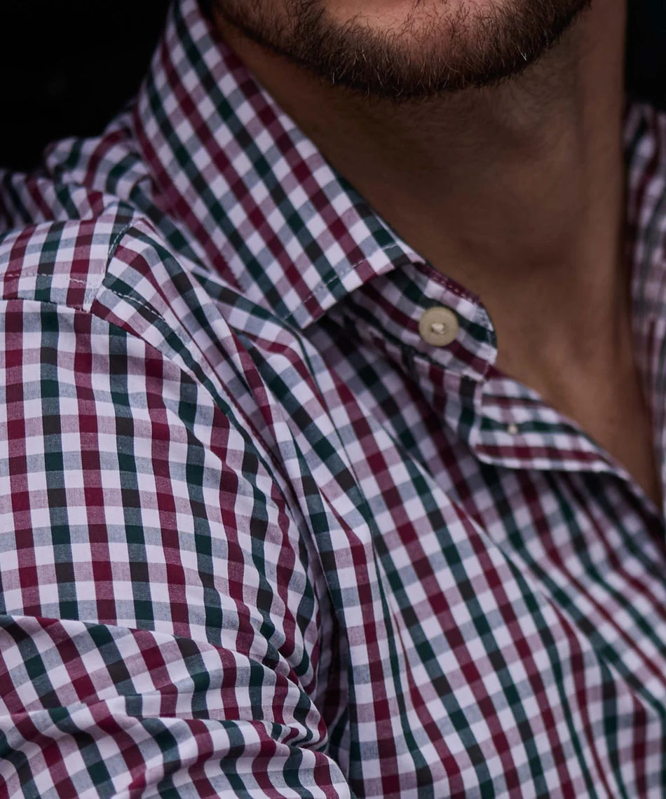 Schöffel, the Hebden Tailored Shirt in Deep Pine/Burgundy