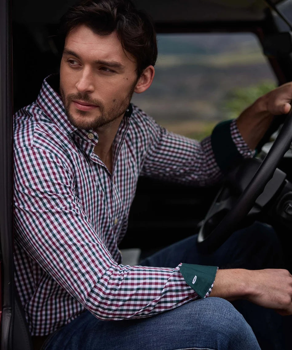 Schöffel, the Hebden Tailored Shirt in Deep Pine/Burgundy