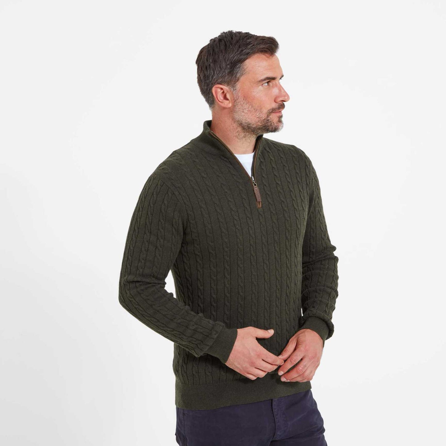 Schoffel, The Cotton Cashmere Cable 1/4 Zip Jumper - 20-4145 - Loden Green