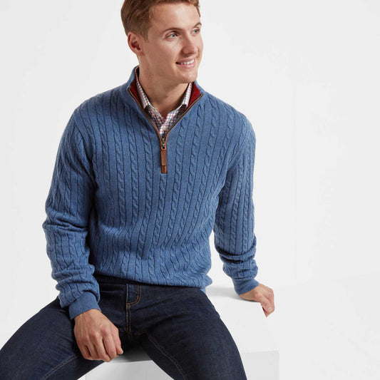 Schoffel, The Cotton Cashmere Cable 1/4 Zip Jumper - 20-4145 - Stone Blue