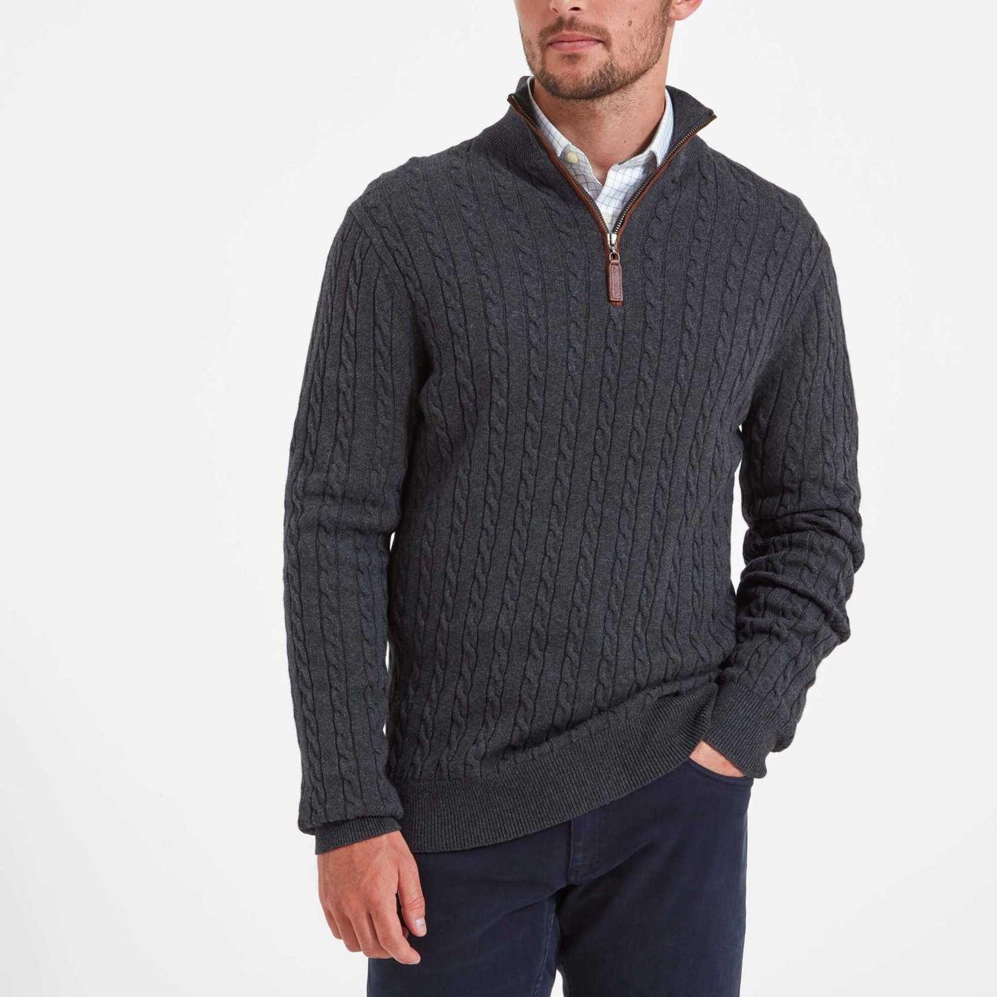 Schoffel, The Cotton Cashmere Cable 1/4 Zip Jumper - 20-4145 - Charcoal