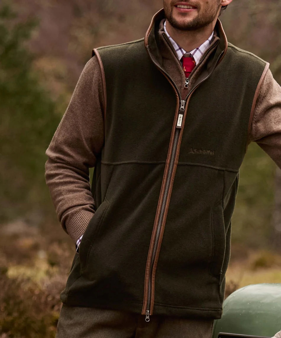Schöffel Mens Countrywear, the Oakham Fleece Gilet in Dark Olive