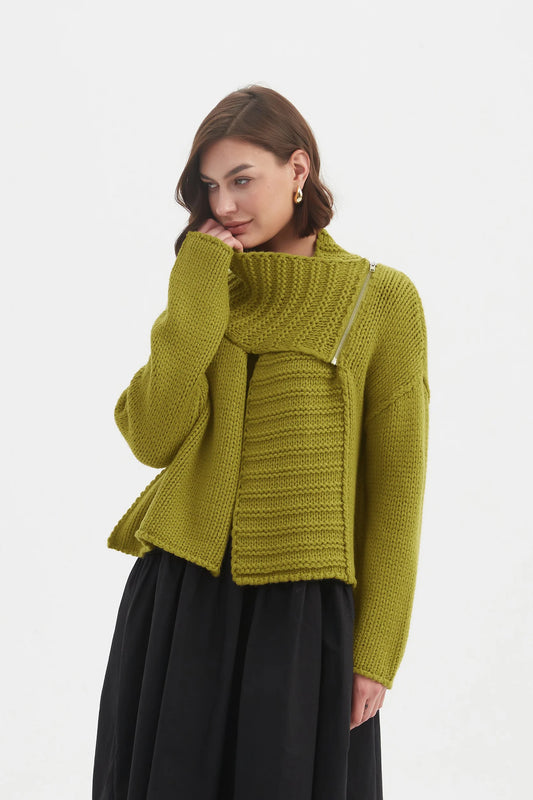 Tirelli Zip Collar Cardigan  in Chartreuse