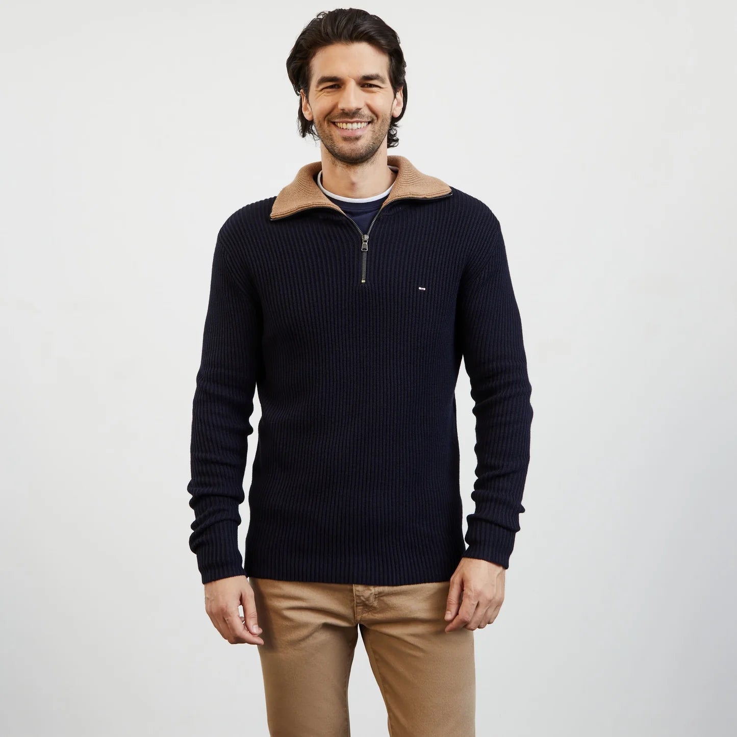 Eden Park Knitwear, the H Bla Pull R Army Dark blue zip-neck jumper in ribbed knit