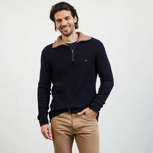 Eden Park Knitwear, the H Bla Pull R Army Dark blue zip-neck jumper in ribbed knit