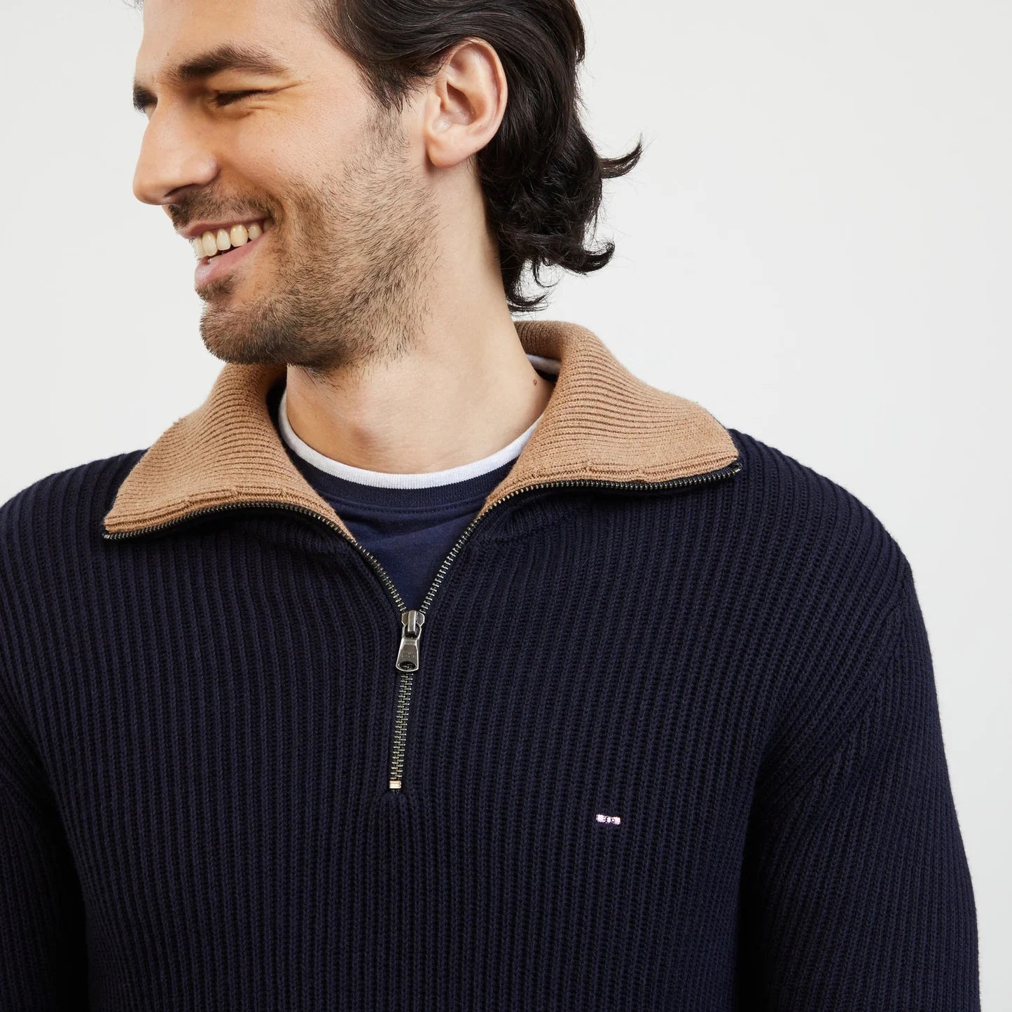 Eden Park Knitwear, the H Bla Pull R Army Dark blue zip-neck jumper in ribbed knit