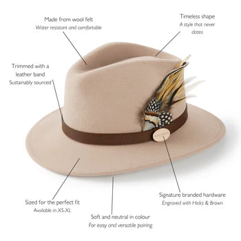 Hicks & Brown Accessories , the Suffolk Fedora Fawn Side Feather (New 2025)