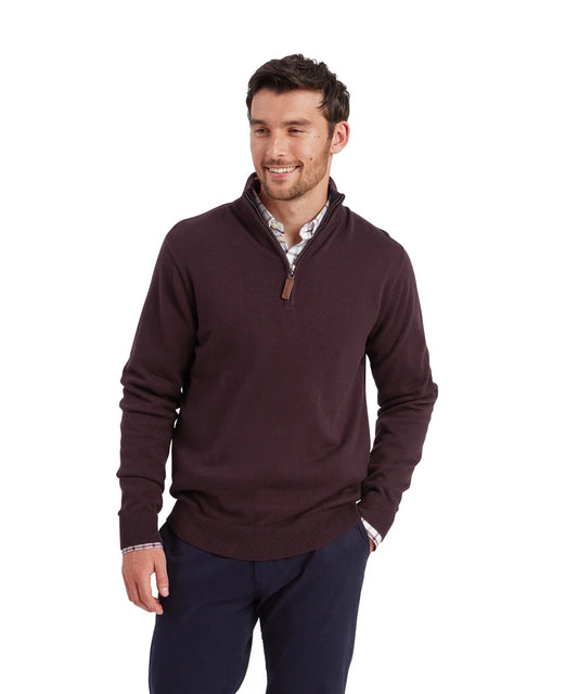 Schöffel Mens Countrywear, the Calton Cotton Cashmere 1/4 Zip Jumper in Wine
