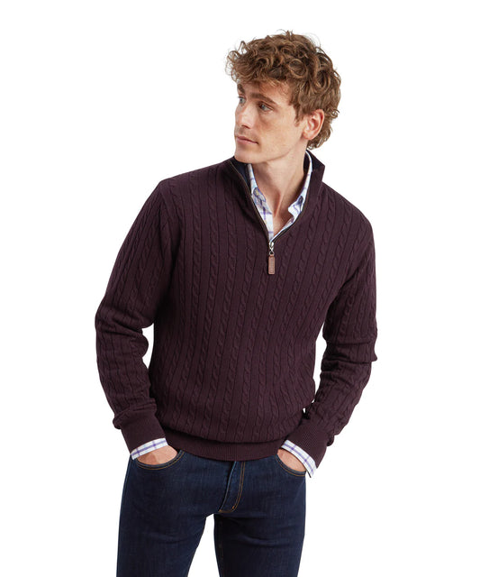 Schoffel, Calton Cotton Cashmere Cable 1/4 Zip Jumper - (Wine)