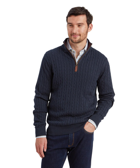 Schoffel, Calton Cotton Cashmere Cable 1/4 Zip Jumper - (Petrol Blue)