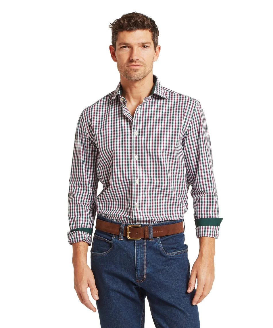 Schöffel, the Hebden Tailored Shirt in Deep Pine/Burgundy