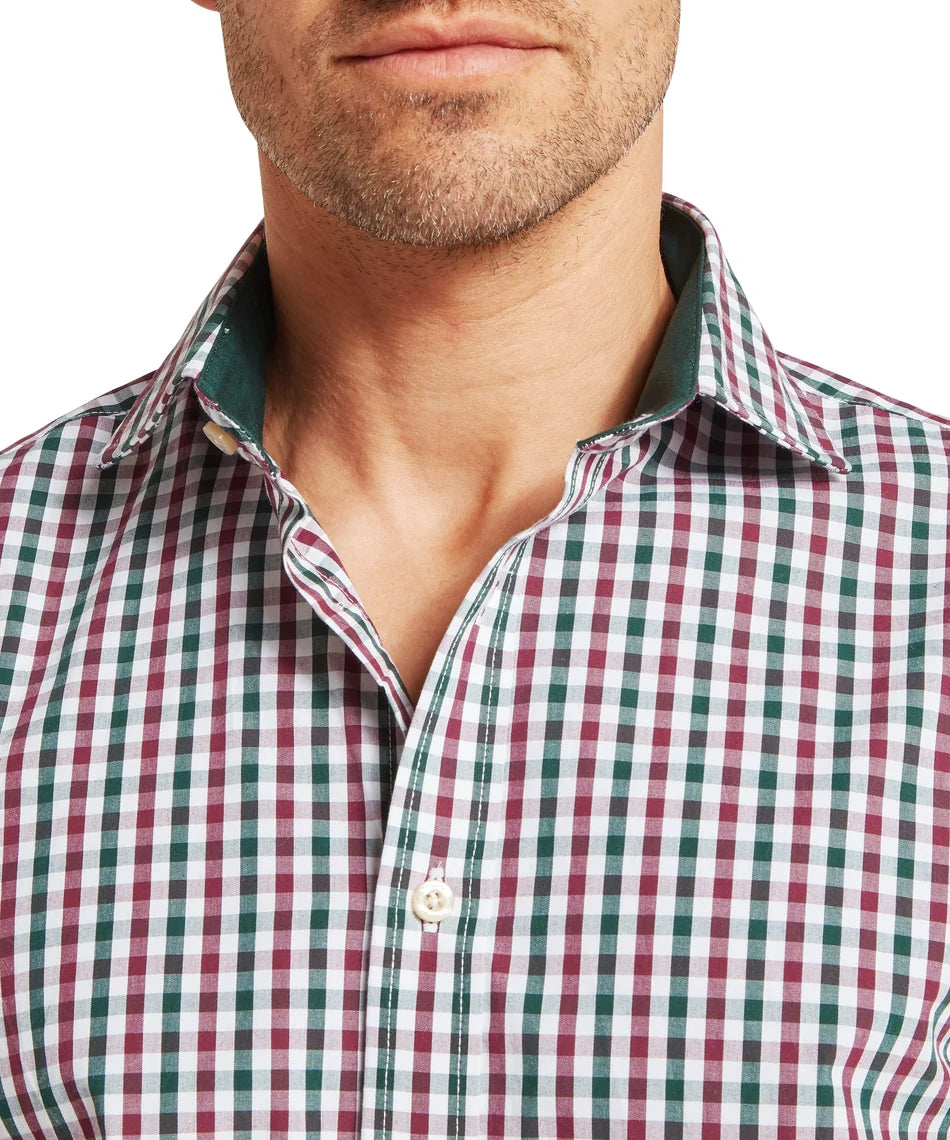 Schöffel, the Hebden Tailored Shirt in Deep Pine/Burgundy