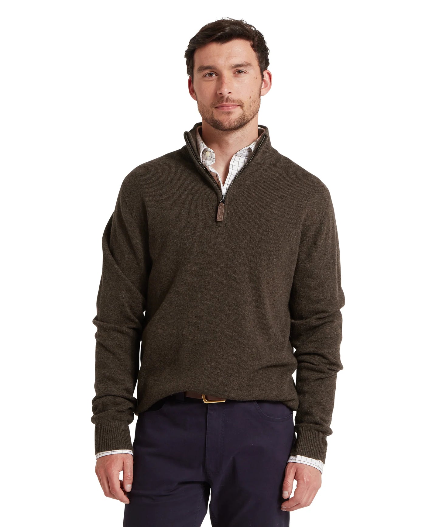 Schoffel Mens Countrywear, the Lewis Lambswool 1/4 Zip Jumper in Chocolate