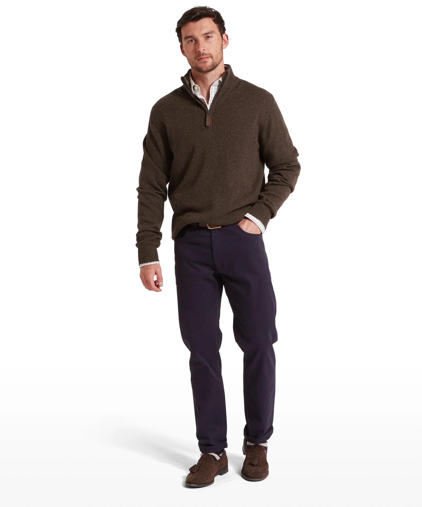Schoffel Mens Countrywear, the Lewis Lambswool 1/4 Zip Jumper in Chocolate