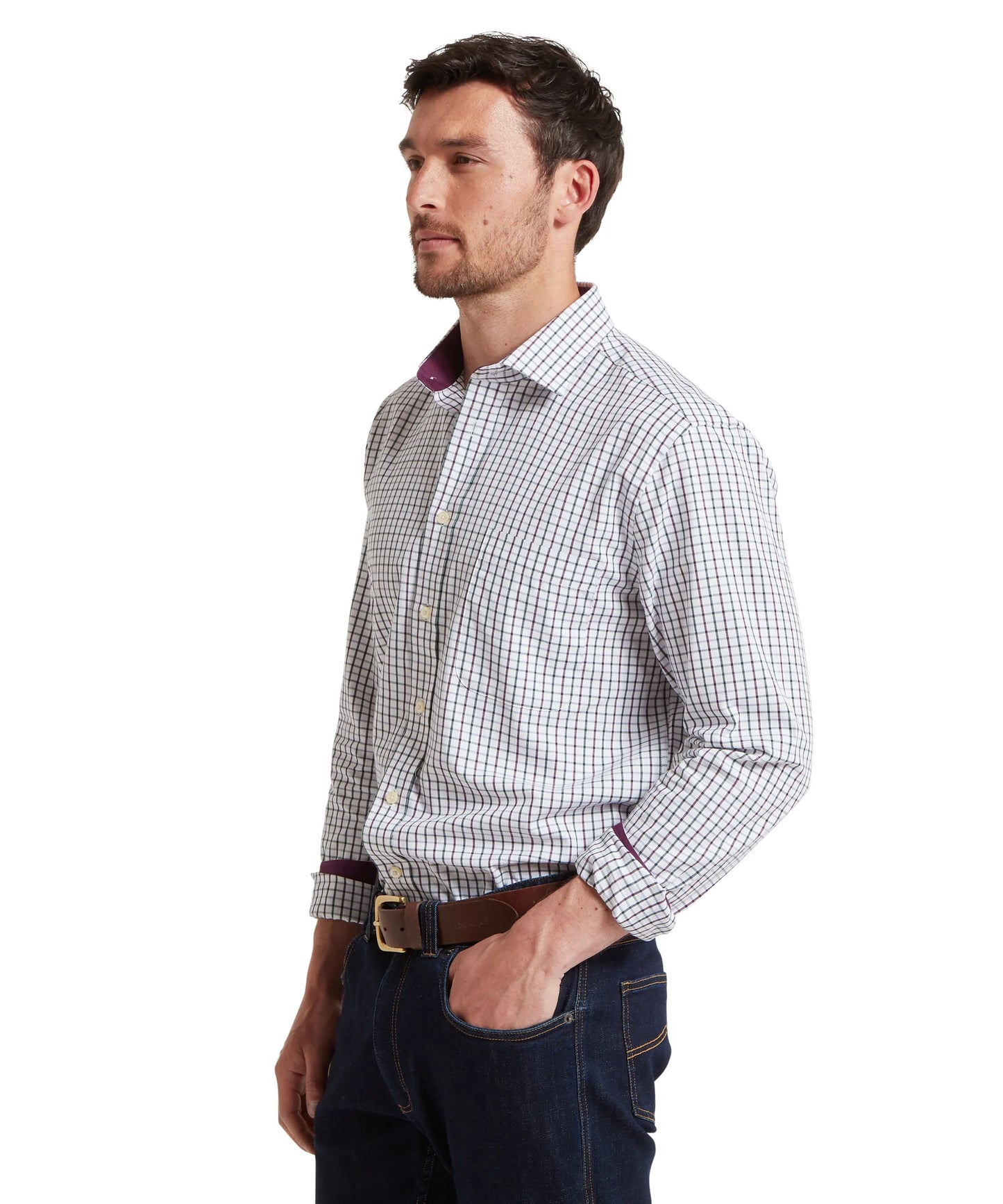 Schoffel Mens Countrywear, the Milton Tailored Shirt in Plum/Botanical Green