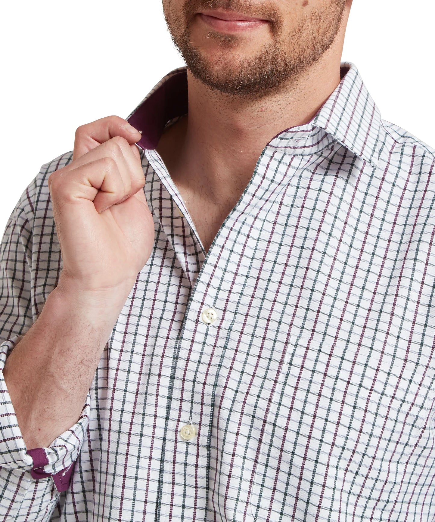 Schoffel Mens Countrywear, the Milton Tailored Shirt in Plum/Botanical Green