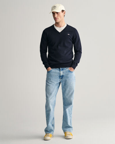 Gant Classic Cotton V Neck Jumper (Evening Blue)