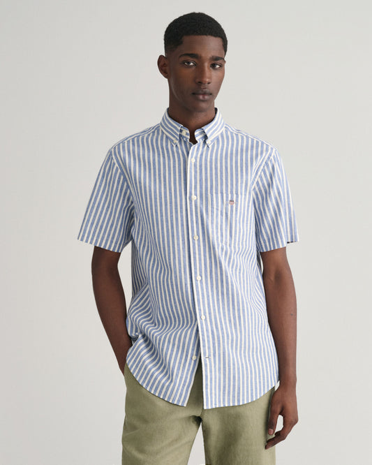 Gant Regular Cotton Linen Stripe Short Sleeve Shirt (Rich Blue)