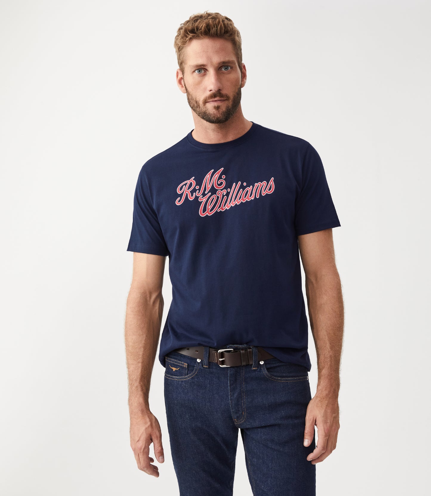 R.M. Williams, the R.M..W. Script T-Shirt in Navy Red