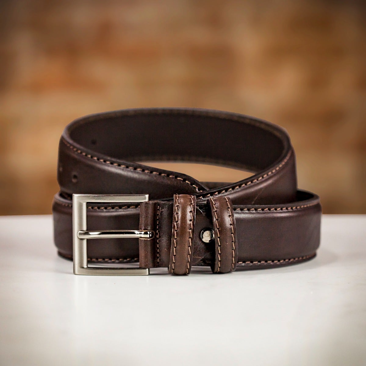 Brown Leather Jeans Belt - stitched Edge Heavy Full Grain - 40mm
